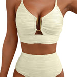 Solid Color V-neck Hollowed-out Pleated High Waist Stretch Two-Piece Bikini Swimsuit