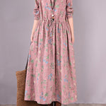 Vintage Floral Printed Ramie Cotton Loose Midi Dress