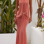 Touch of Drama Mesh Butterfly Metal Clips One Shoulder Backless Maxi Dress