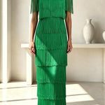 Elowyn Mesh Tiered Tassel Patchwork Round Neck Cape Sleeve Midi Dress