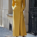 Long Sleeves Loose Buttoned Pockets Solid Color Split-Joint Stand Collar Maxi Dresses