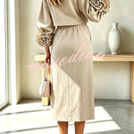 Linen Blend Flowers Buttons Floral Cuffs Sleeve Top and Elastic Waist Pocket Midi Skirt Set