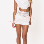 Tanya Satin High Neck Ruched Crop Top and  Lace Cinched Waist Sequin Detail Mini Skirt Set