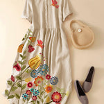 Unique Pink Peter Pan Collar Wrinkled Linen Holiday Dress Short Sleeve
