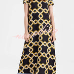 Annalisa Satin Court Style Contrast Color Printed Short Sleeve Pocket Feather Trim Maxi Dress