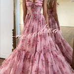 Danah Tulle Floral Print Corset Sweetheart Neck A-line Gown Maxi Dress
