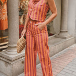 City Outfit Colorful Stripes Button Up Vest and Elastic Waist Pocket Loose Pants Set