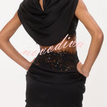 Tanya Satin High Neck Ruched Crop Top and  Lace Cinched Waist Sequin Detail Mini Skirt Set
