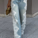 Elegant Street Style Denim Crochet Lace Trim High Rise Pocket Wide Leg Jeans