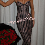 Sian Floral Lace Contrast Structural Detail Back Lace-up Strapless Slit Maxi Dress