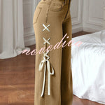 Fashionable Denim Mid Rise Side Ribbon Lace-up Pocket Wide Leg Jeans