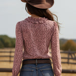 Pink Leopard Chiffon With Ruffled Lace V-neck Long-sleeved Shirt