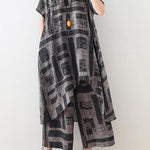 gray prints casual Chiffon two pieces side open tops and elastic waist wide leg pants