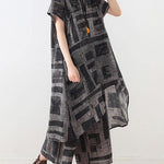 gray prints casual Chiffon two pieces side open tops and elastic waist wide leg pants