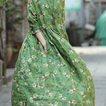 2018 green print natural linen dress Loose fitting O neck linen clothing dresses 2018 Three Quarter sleeve baggy dresses