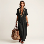 Amariana | Botanical Embroidered V-Neck Linen Maxi Dress