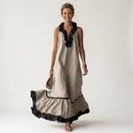 Mayline | Ruffle-Neck Contrast-Trim Sleeveless Maxi Dress