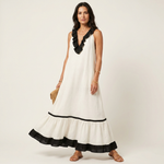 Mayline | Ruffle-Neck Contrast-Trim Sleeveless Maxi Dress