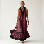 Mayline | Ruffle-Neck Contrast-Trim Sleeveless Maxi Dress