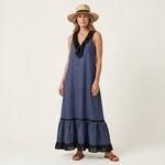 Mayline | Ruffle-Neck Contrast-Trim Sleeveless Maxi Dress