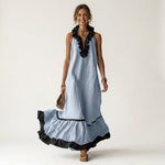 Mayline | Ruffle-Neck Contrast-Trim Sleeveless Maxi Dress