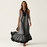 Mayline | Ruffle-Neck Contrast-Trim Sleeveless Maxi Dress