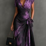 Elisa | Midi Wrap Dress in Abstract Print, Purple