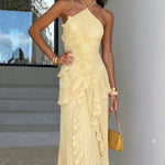 Grace Holloway | Pleated Ruffle Halter Maxi Dress For Women
