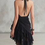 Jennifer | Black Mini Lace Dress with Ruffles and Tie Neckline