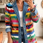 Reta™ | Striped Feather Print Denim Jacket