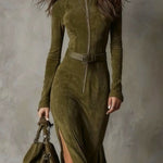 Vintage Green Zipper Belted Maxi Dress（Includes belt）