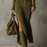 Vintage Green Zipper Belted Maxi Dress（Includes belt）