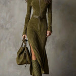 Vintage Green Zipper Belted Maxi Dress（Includes belt）