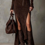 Vintage Brown V-Neck Zipper Slit Maxi Dress（Includes belt）