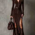 Vintage Brown V-Neck Zipper Slit Maxi Dress（Includes belt）