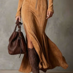 Vintage Camel Zipper Belted Maxi Dress（Includes belt）