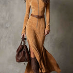 Vintage Camel Zipper Belted Maxi Dress（Includes belt）