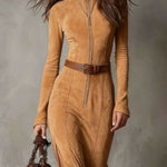 Vintage Camel Zipper Belted Maxi Dress（Includes belt）