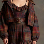 Vintage Plaid Ruffle Mini Dress and Loose Jacket Set（Includes belt）