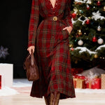 Christmas red plaid collar button-down shirt dress（Includes belt）