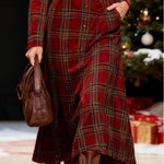 Christmas red plaid collar button-down shirt dress（Includes belt）