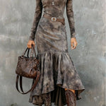 Vintage Polyester Flare Hem Midi Dress（Includes belt）
