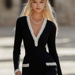 【24-hour shipping out】Elegant and Simple Stitching Lace Edge Black Knitted Mini Dress