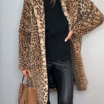Stylish Leopard Print Lapel Faux Fur Mid-length Coat