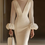 【24-hour shipping out】Elegant Classic Splicing Mesh Puff Sleeve Midi Dress