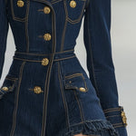 【24-hour shipping out】Classic and Playful Large Lapel Ruffled Hem Waist Denim Mini Dress