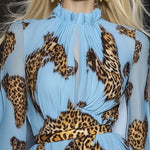Elegant Personality Leopard Print Sky Blue Chiffon Mini Dress