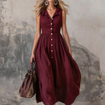 Elegant Zinfandel-colored Cotton And Linen Sleeveless Maxi Dress