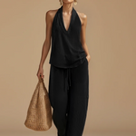 Casual Urban Style White Linen V-neck Sleeveless Top And Wide Leg Pants Set