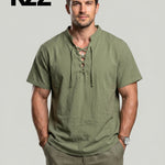 KZZ Men's summer linen stand-up collar short-sleeved shirt